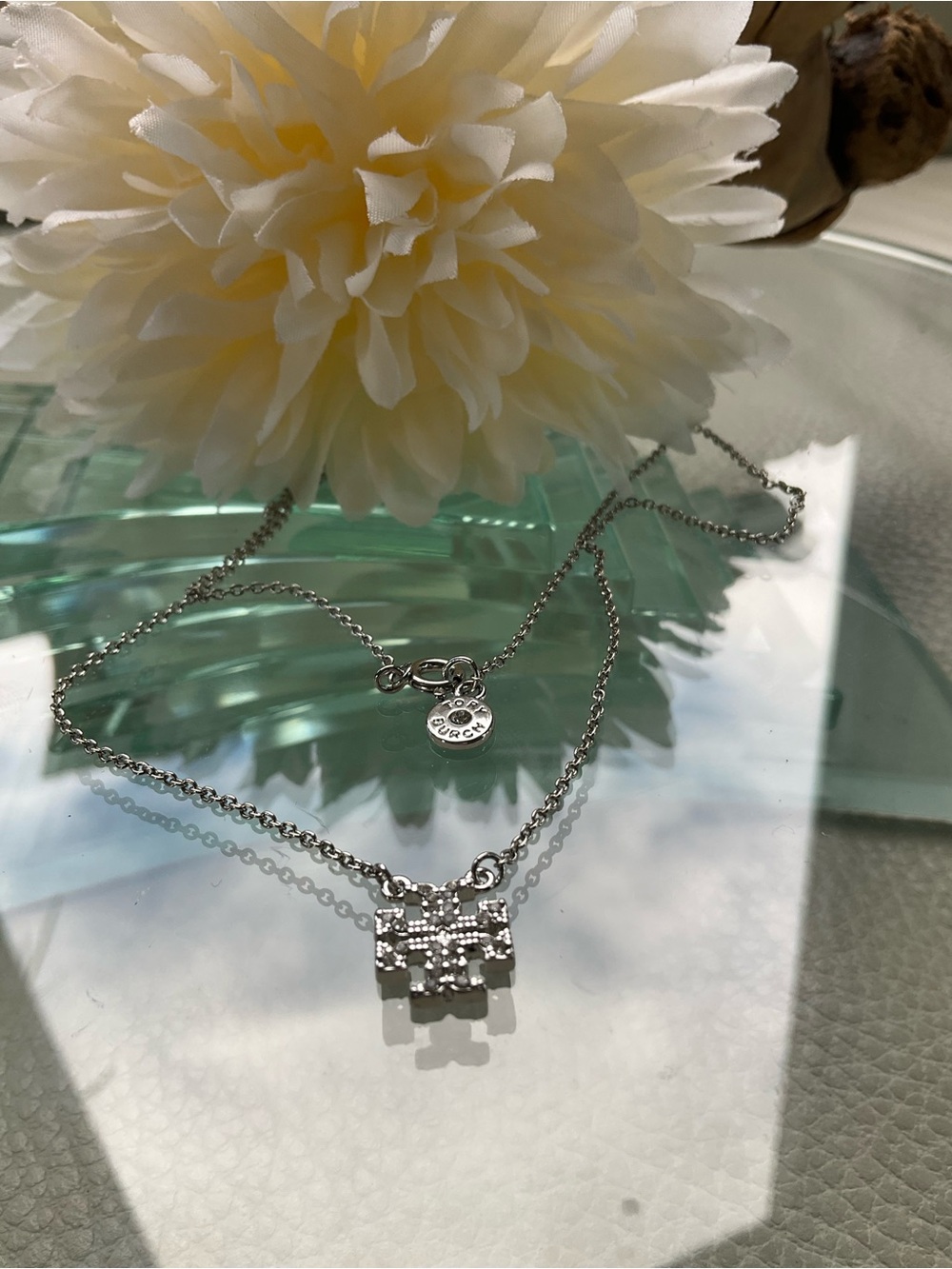 Tory Burch Silver Crystal Logo Pendant Necklace -